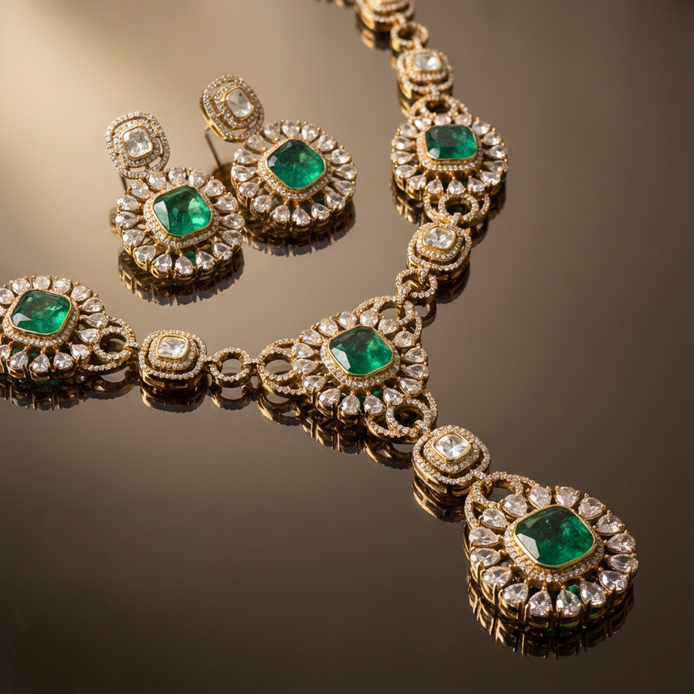 Vantara emerald necklace set – kundan and pearl detail by Ozel