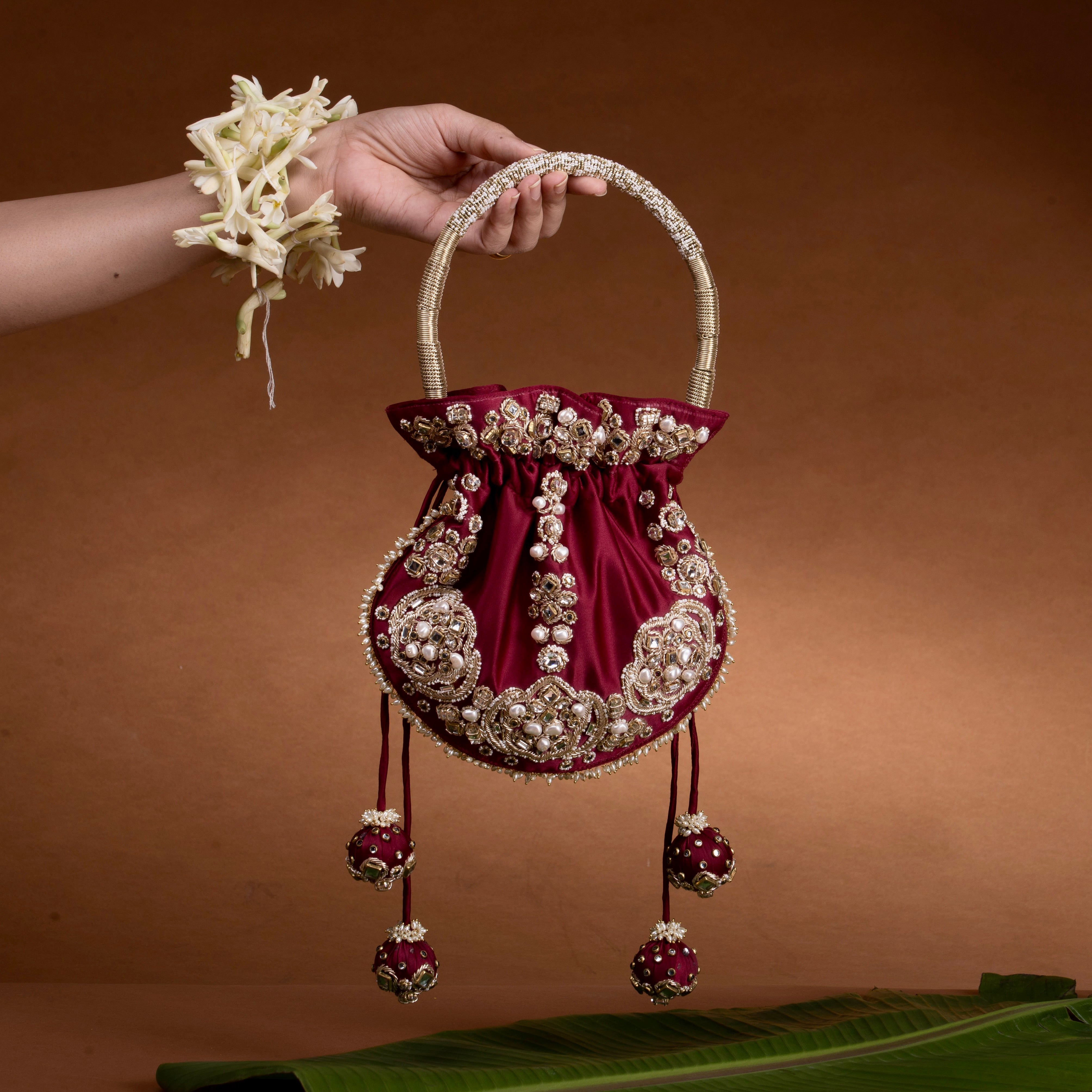 Jadau Embroidered Potli- Maroon Bag