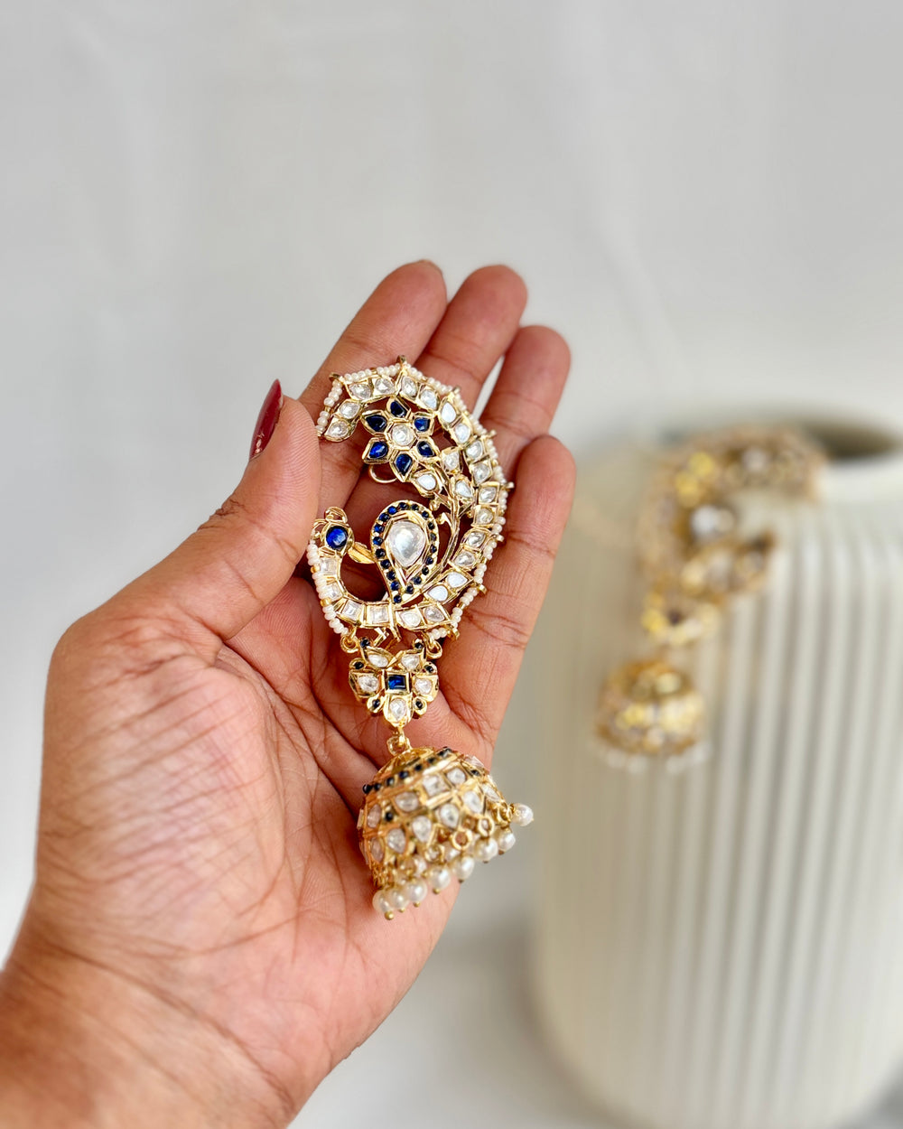 Royal ear cuff kundan jhumka sapphire – traditional Indian bridal jewelry by Ozel