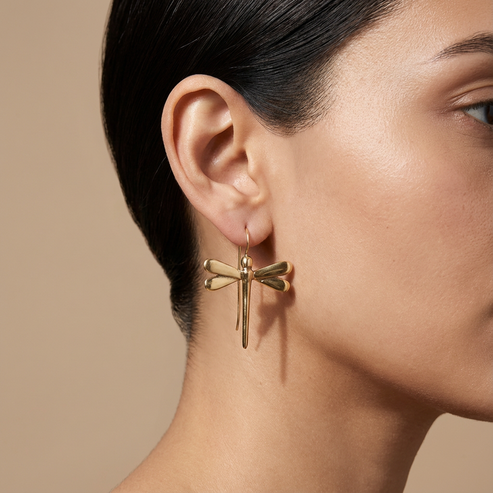 Gilded dragonfly drop earrings – dragonfly motif detail by Ozel