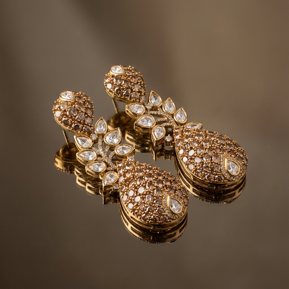 Champagne flare moissanite drop earrings – handcrafted Indian bridal earrings by Ozel