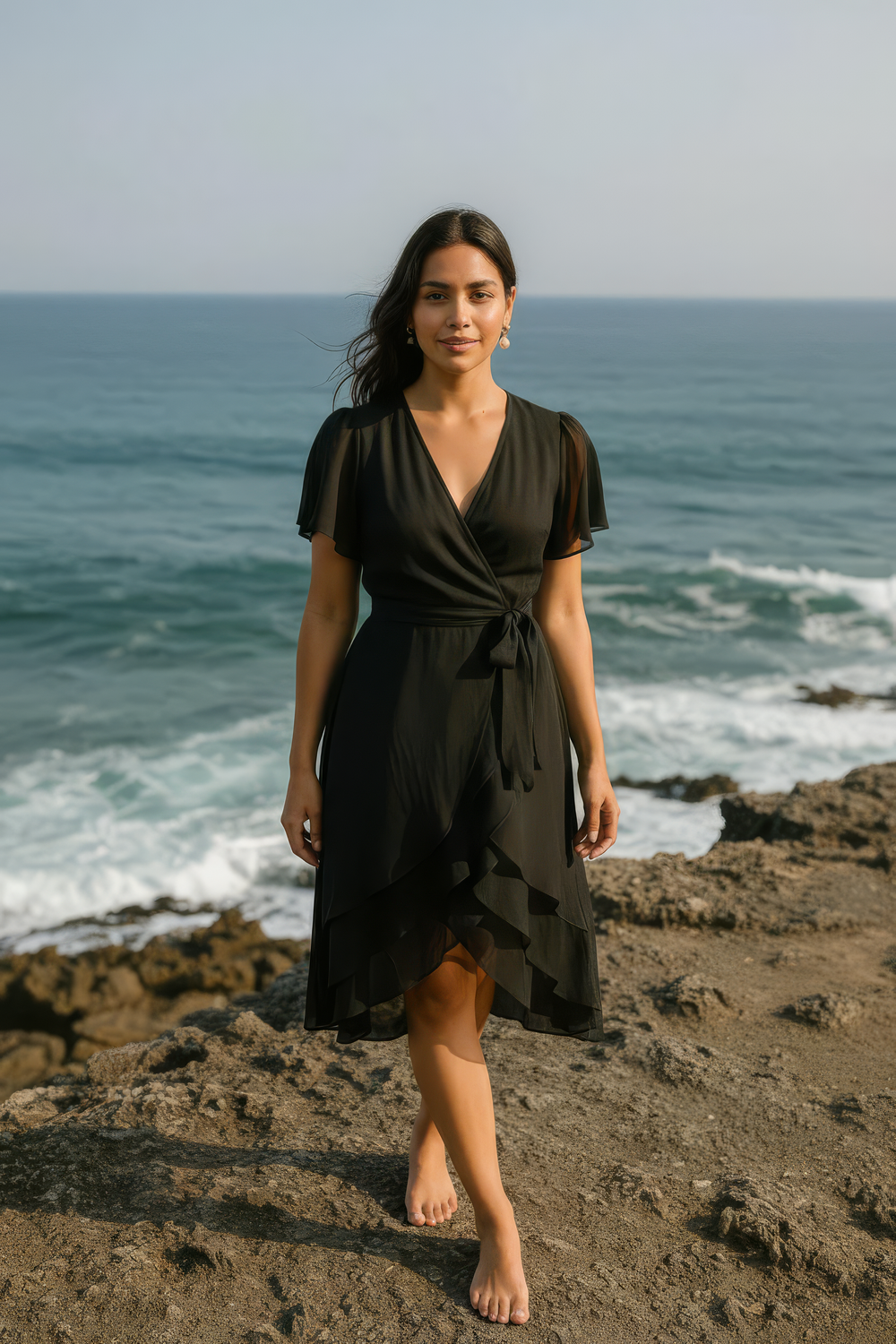 Side view of The Villa flutter wrap dress — Ozel