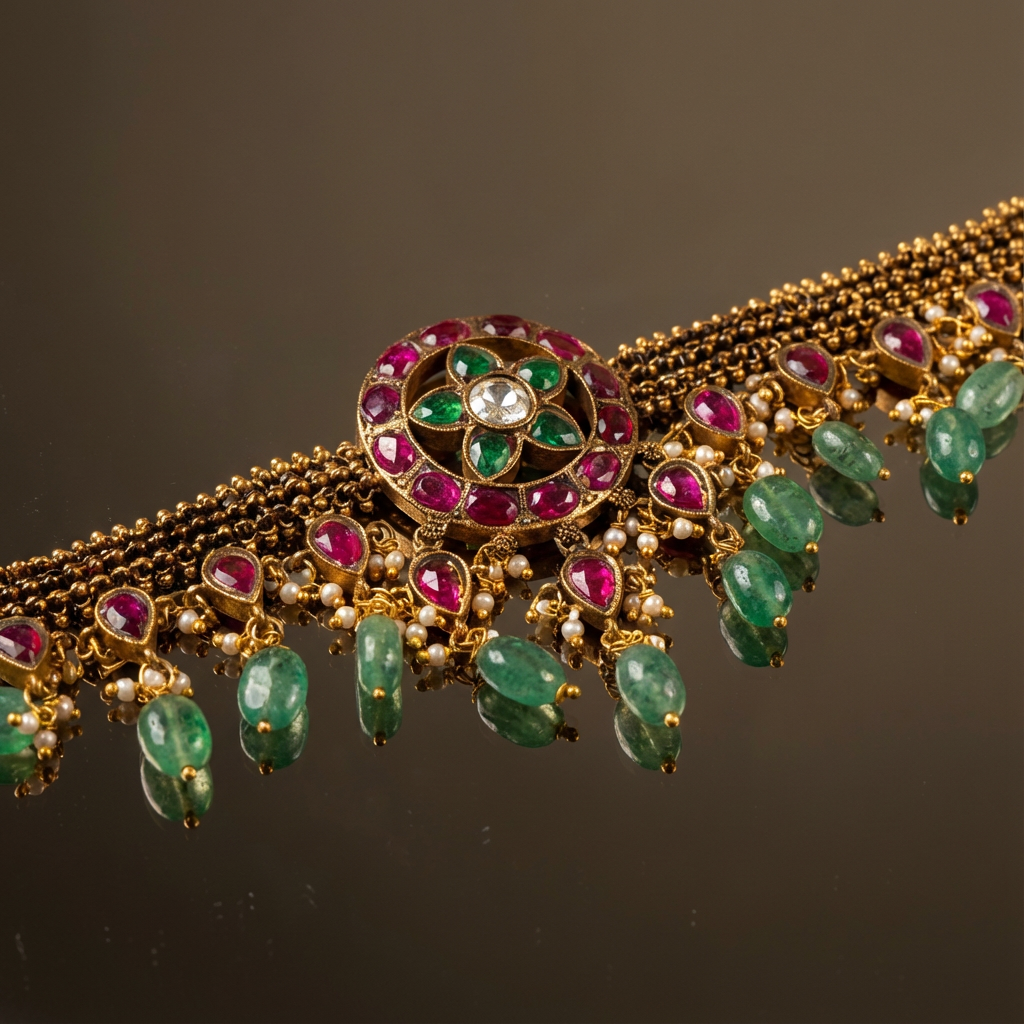 Mihika Golden Necklace with Ruby Centre