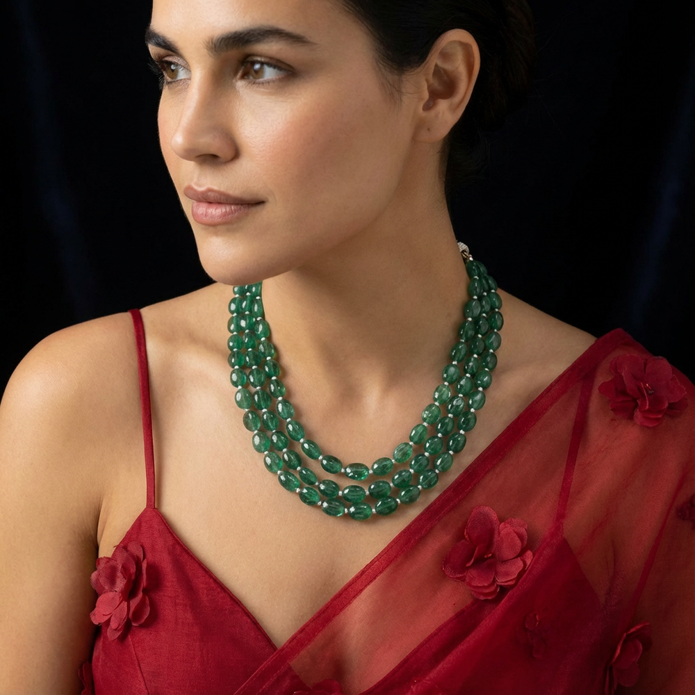 Nayanika green stone necklace with kundan and pearl droplets