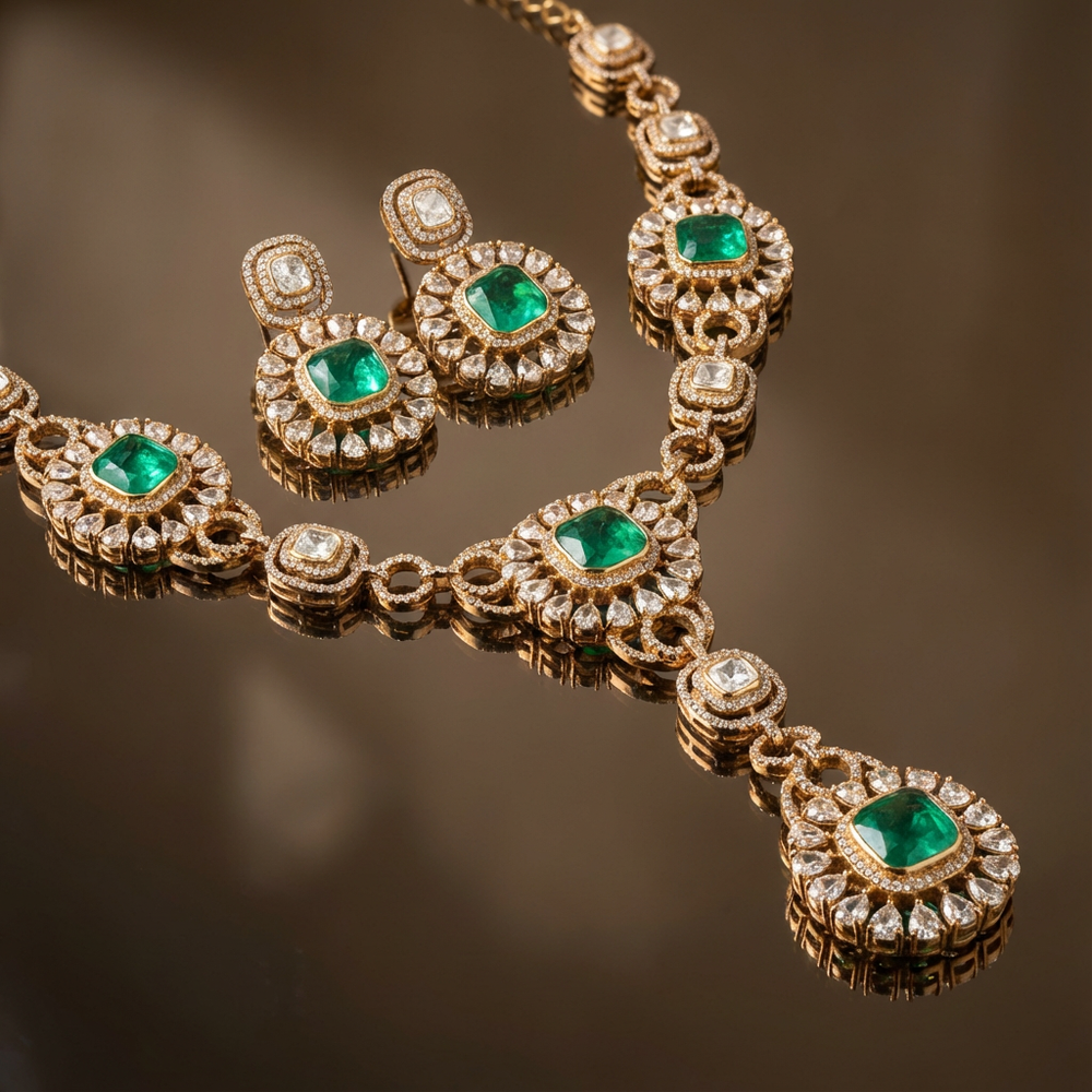 Vantara emerald necklace set – worn on neck by Ozel