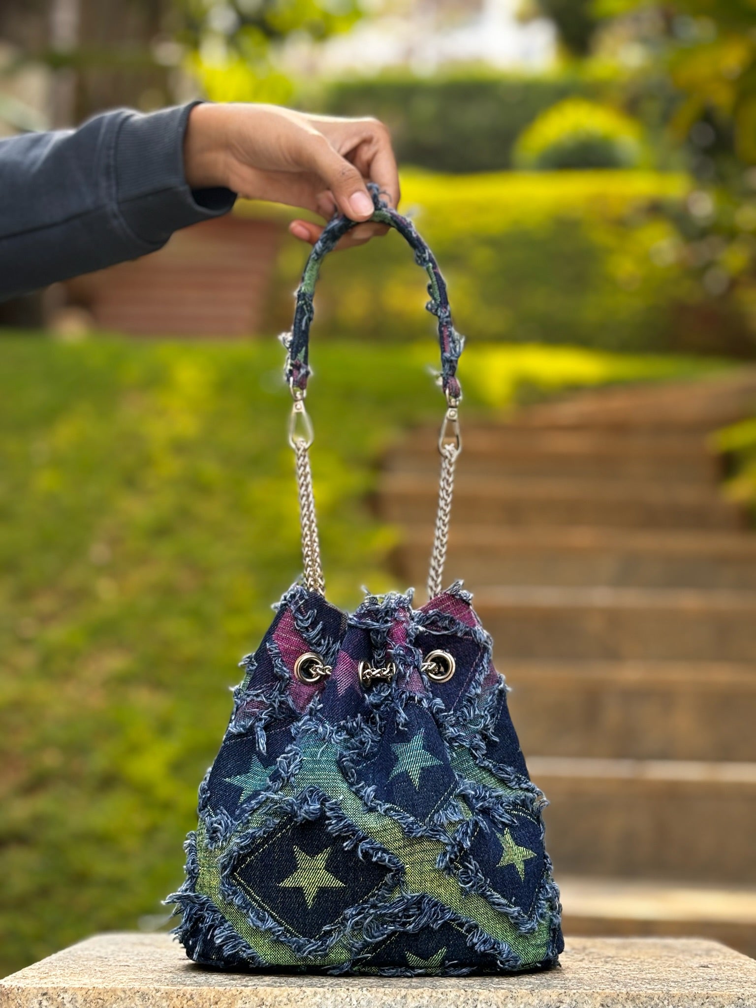 Star denim bucket bag