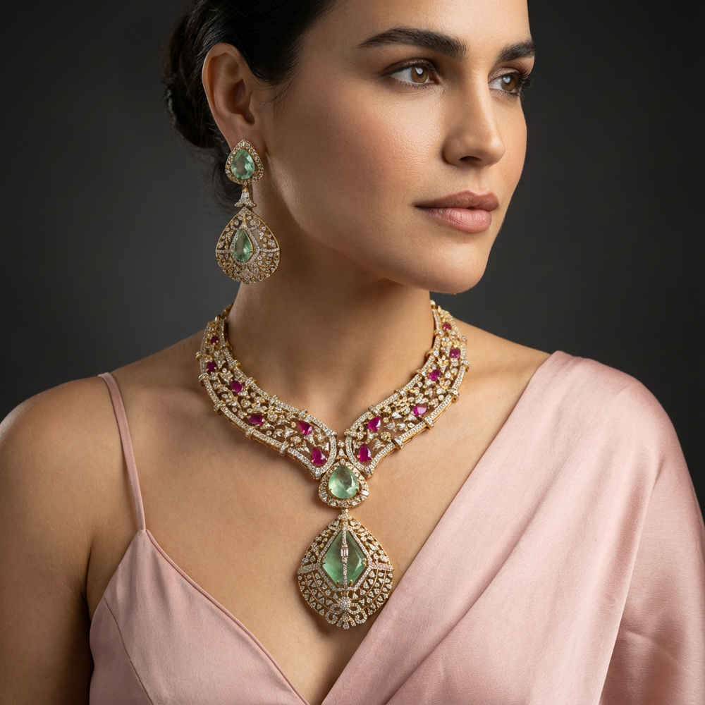 Noor-e-Gulbahar mint green necklace set – full set with earrings by Ozel