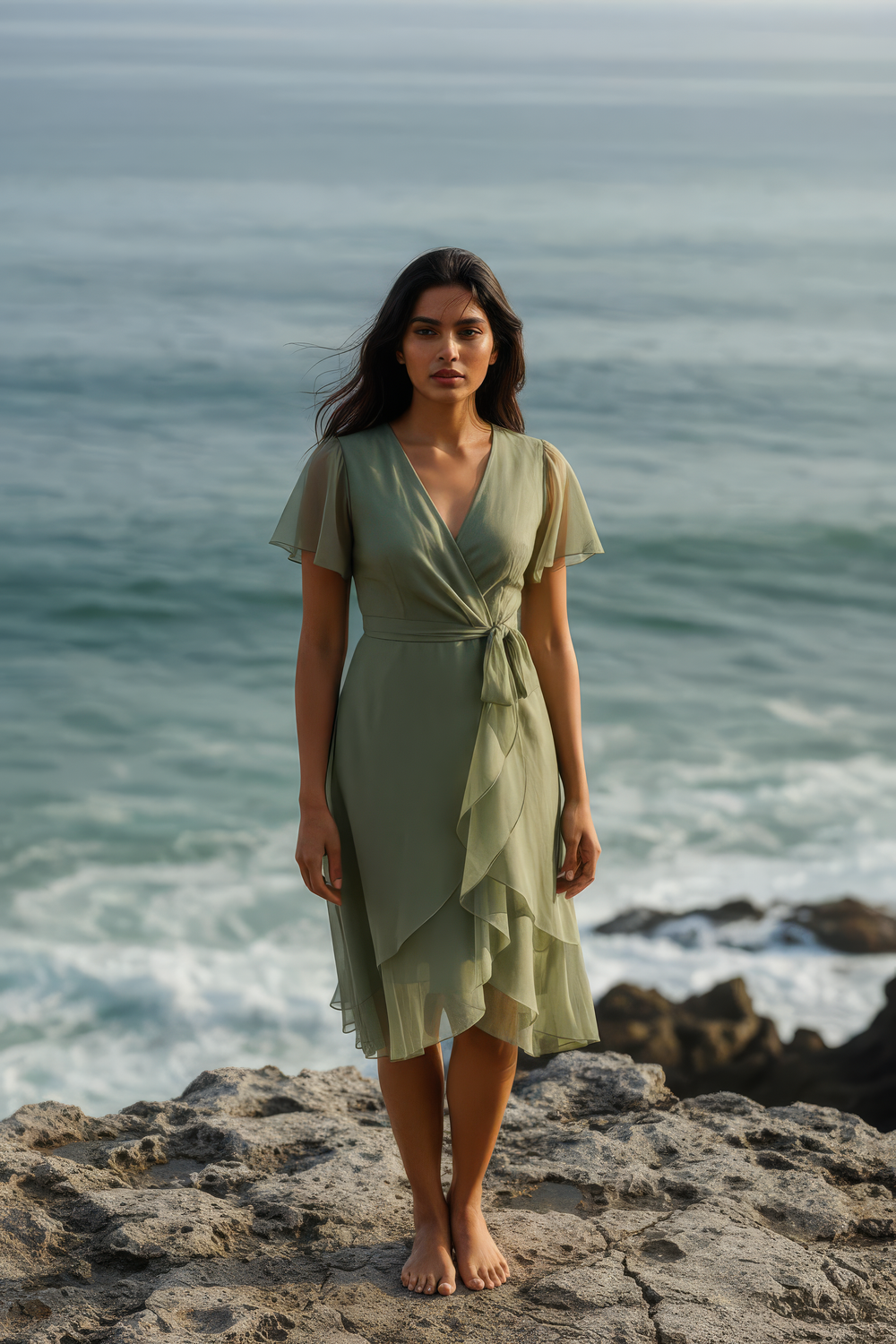 Detail of The Villa wrap dress flutter sleeve — Ozel