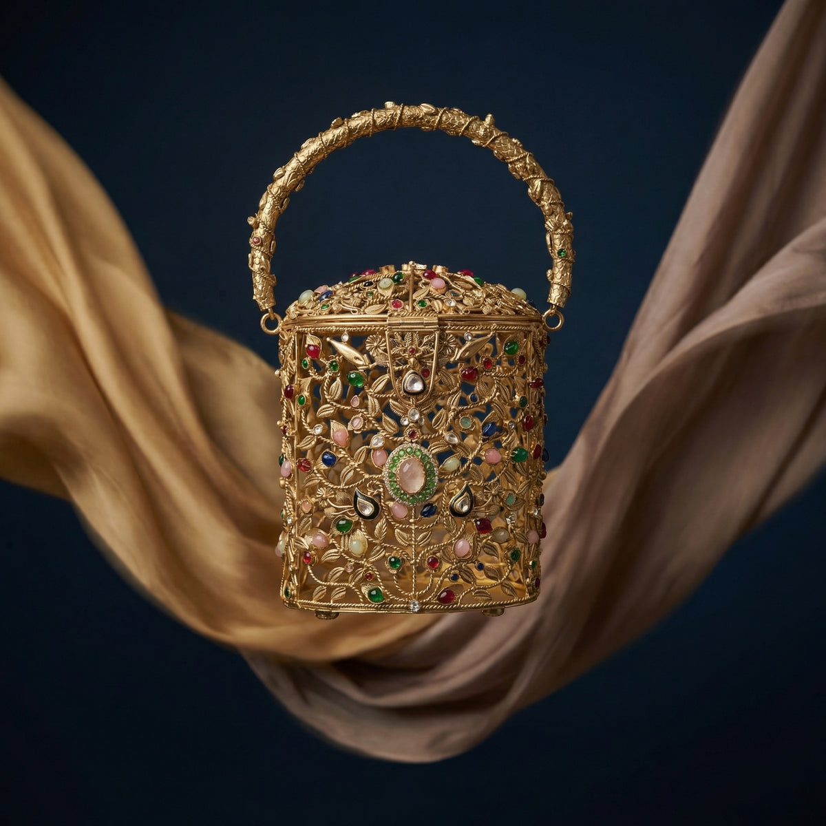 The Ozel Bag — sculpted gold filigree bucket bag with hand-set stones by Ozel