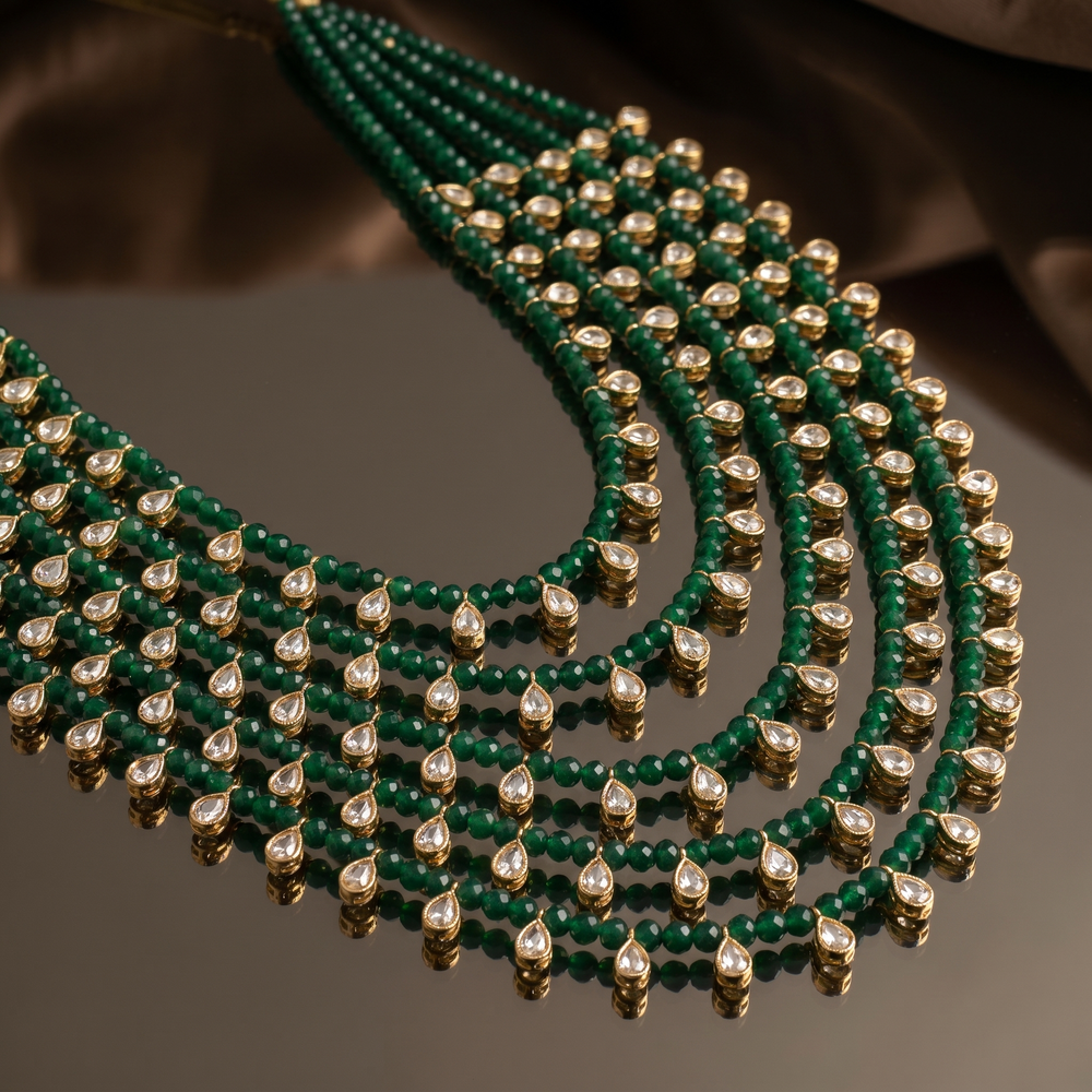 Aadhira emerald layered bead necklace – detail view by Ozel