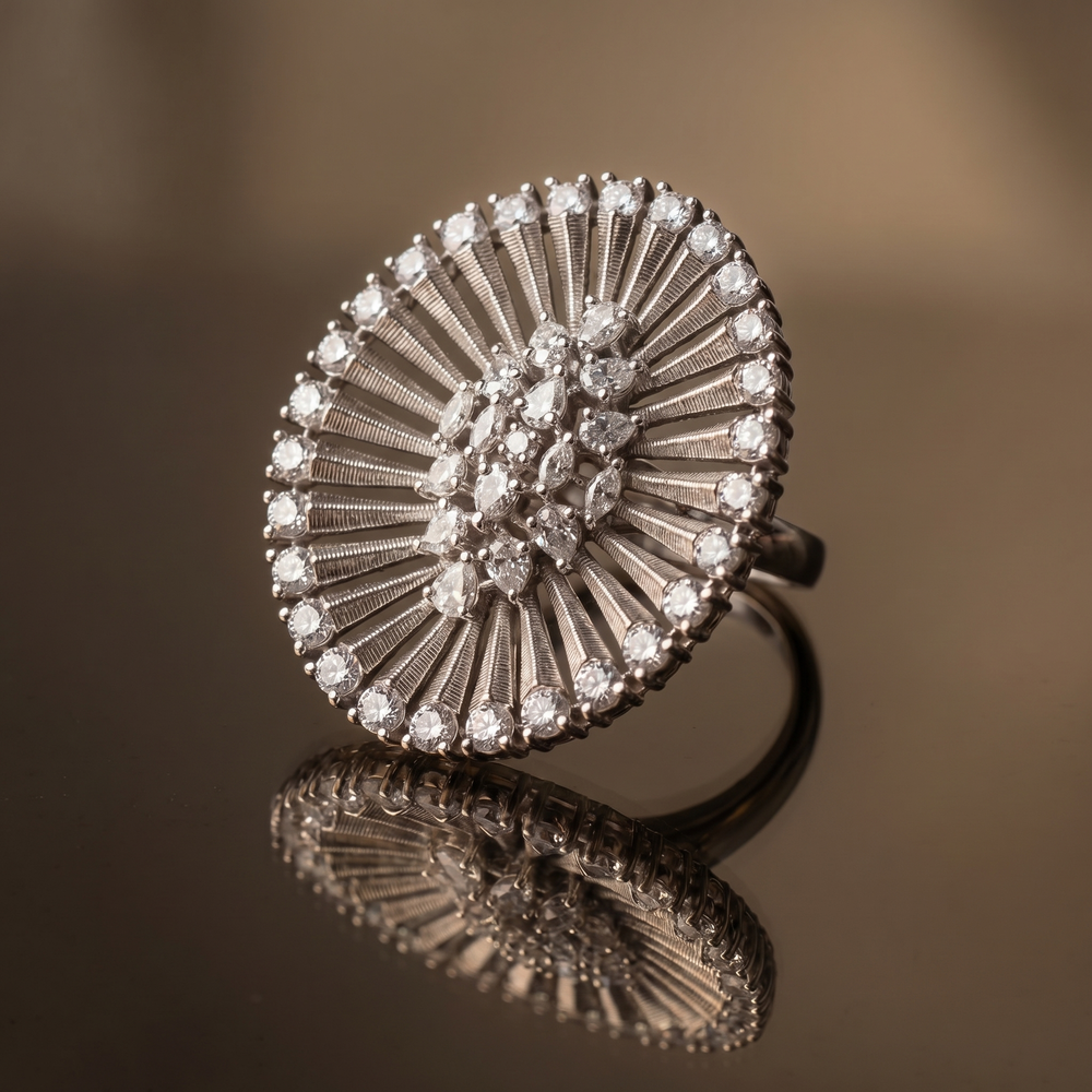 Aadhya diamond sunburst ring – detail view by Ozel