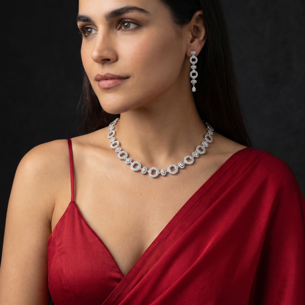 Aarohi diamond halo necklace and earrings set by Ozel