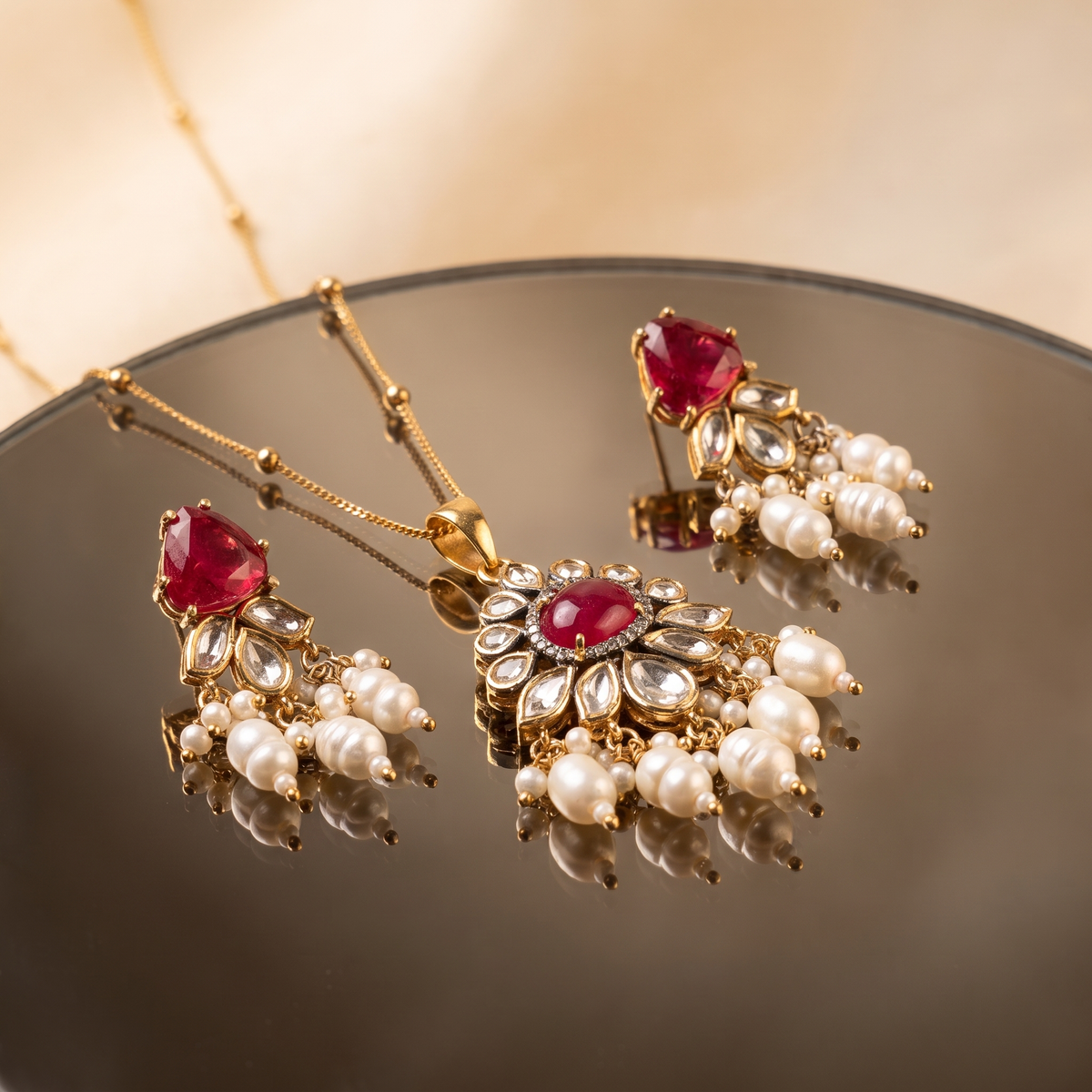 Aarshvi Ruby Kundan Pendant Set