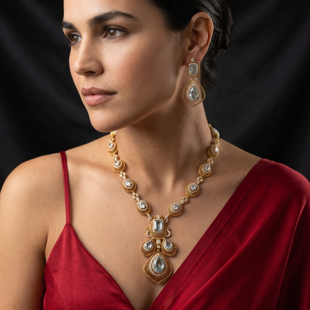 Aaruneshvi aqua luxe necklace set with luminous stones and pearls