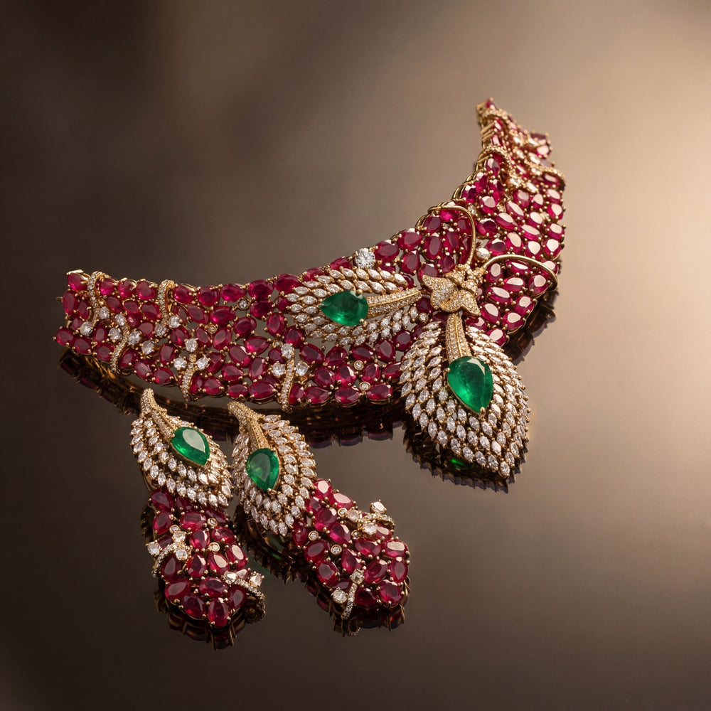 Dual leaf ruby designer necklace set – worn on neck by Ozel