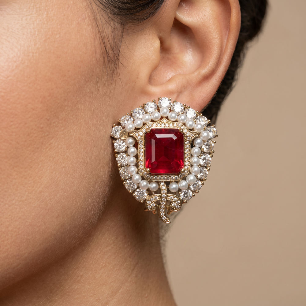 Aneeksha scarlet royale stud earrings with kundan halo