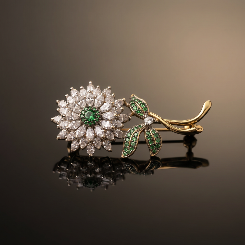 Asmita crystal bloom brooch – styled detail by Ozel