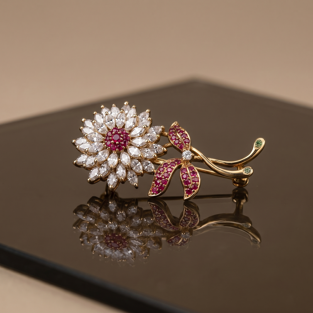 Asmita crystal bloom brooch – detail view by Ozel