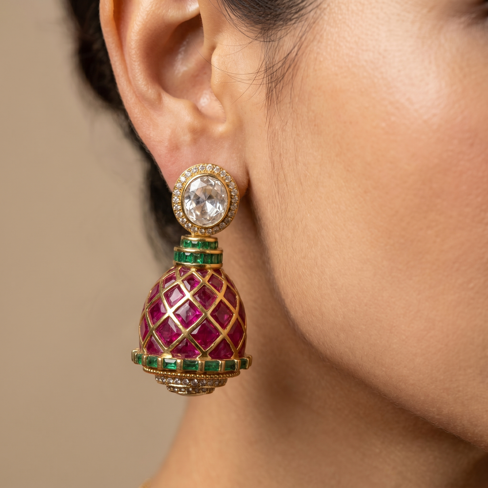 Athena regal lattice jhumka earrings with kundan and pearl detail