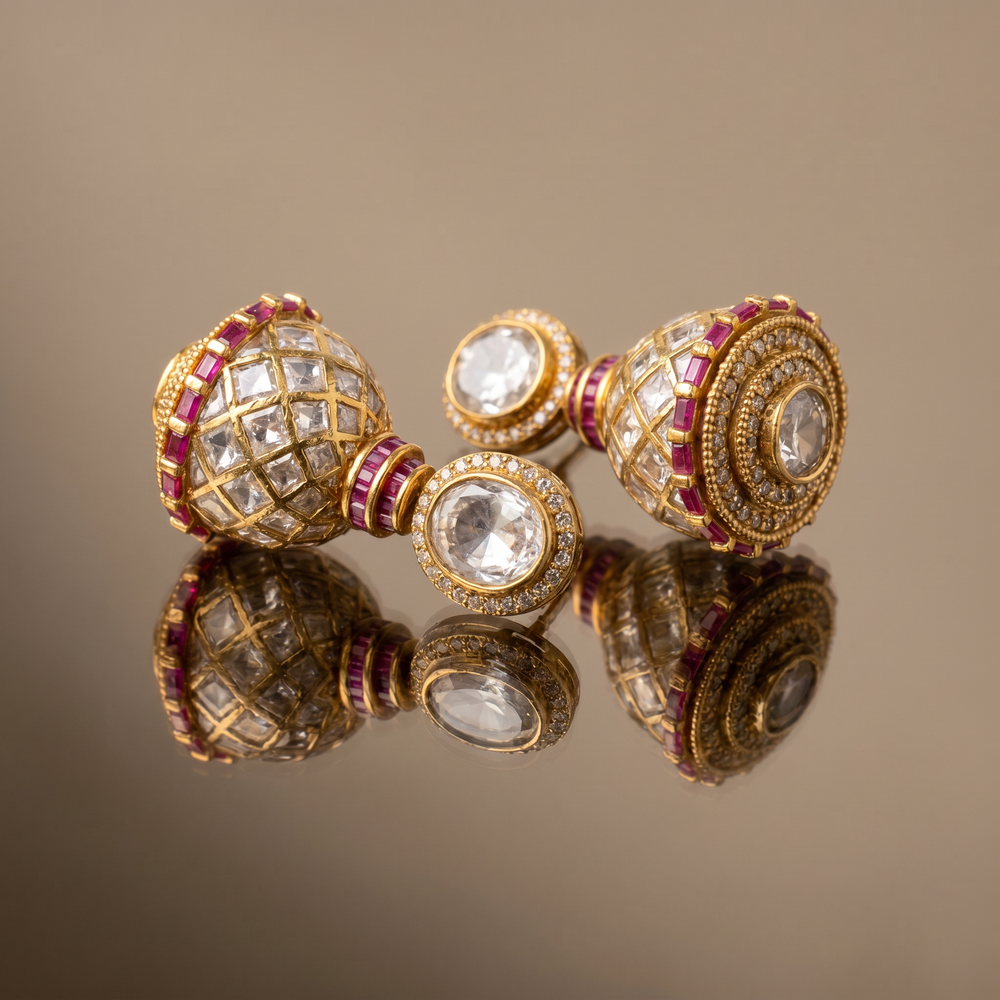 Athena regal lattice jhumka earrings – styled detail by Ozel