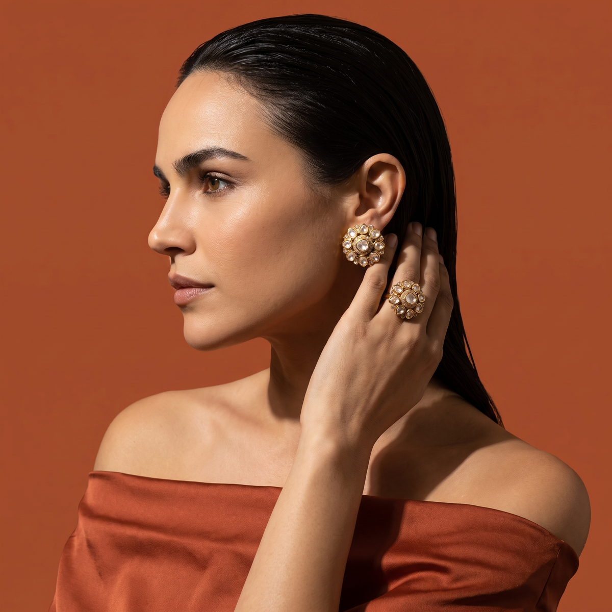 Avika Floral Kundan Earring & Ring Set