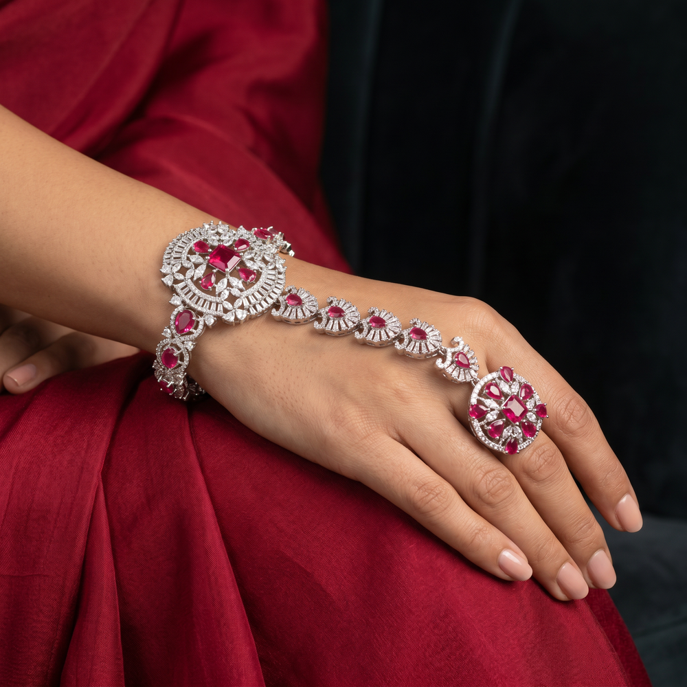 Zeenat ruby hand harness bracelet – styled detail by Ozel