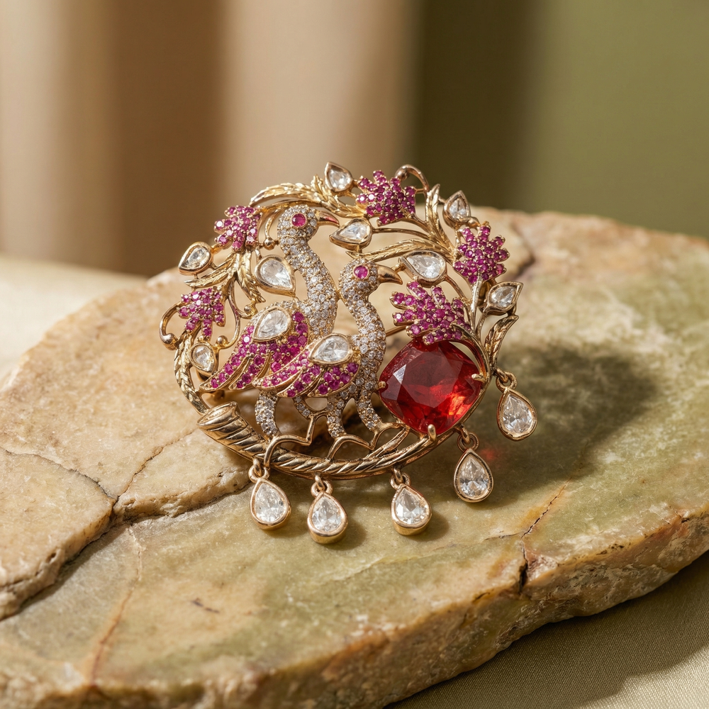 Mayriva Scarlet Aviary Brooch with scarlet gemstones and handcrafted avian goldwork by Ozel