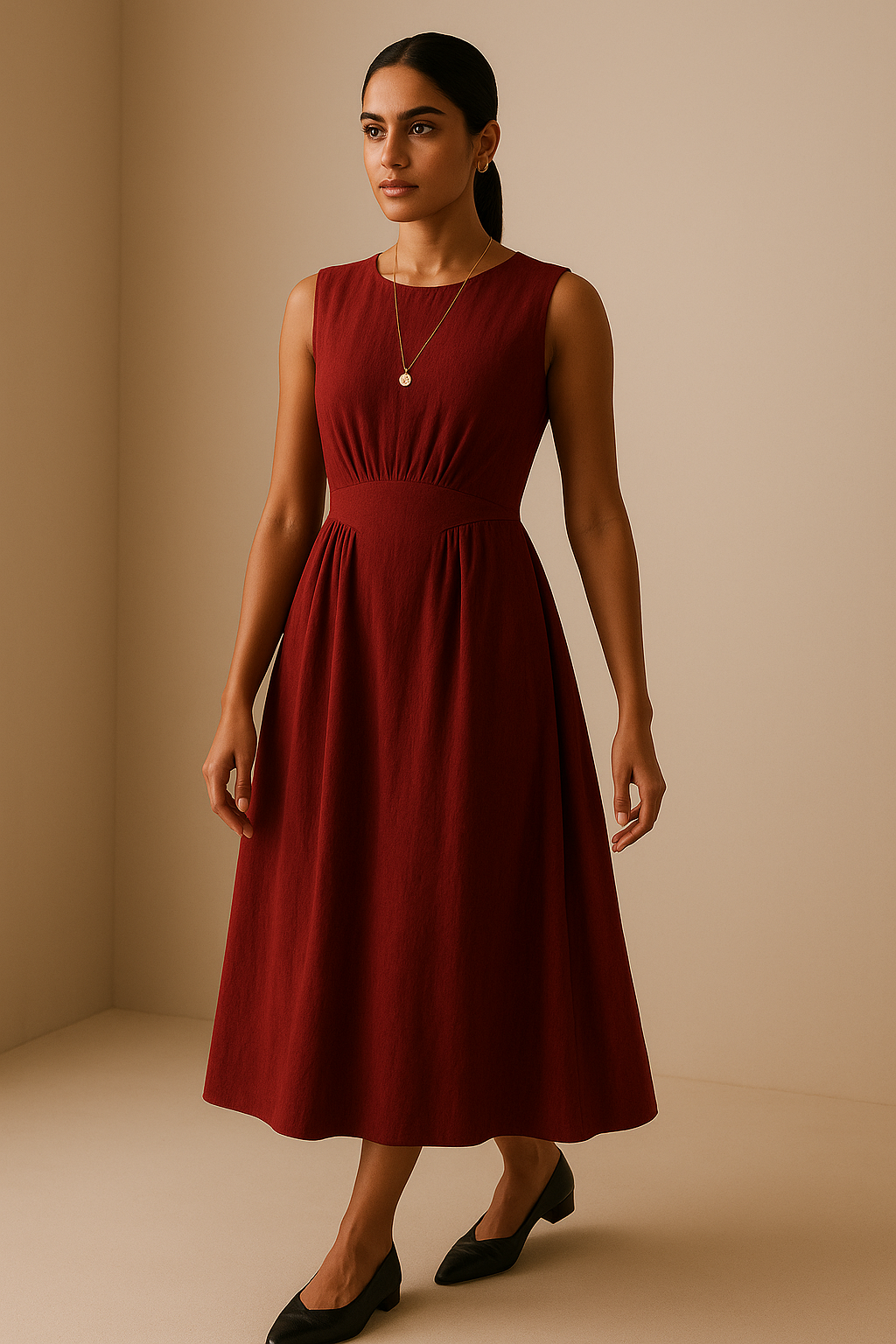 Maroon Khadi Pleated Midi Dress