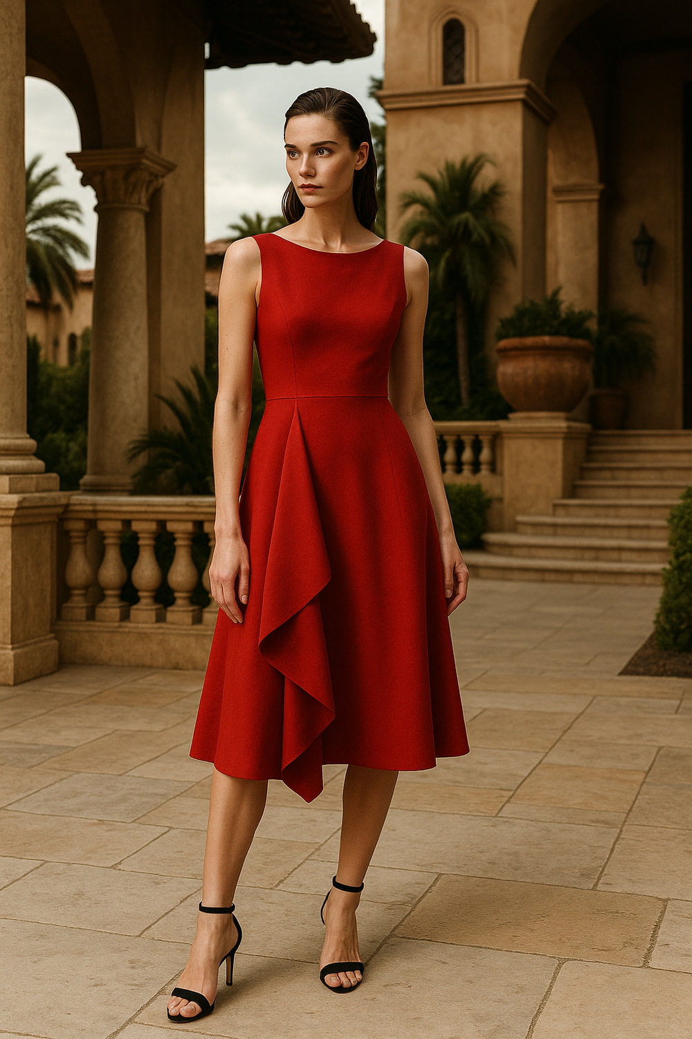 Fit and flare dress with asymmetrical draped detail – Ozel