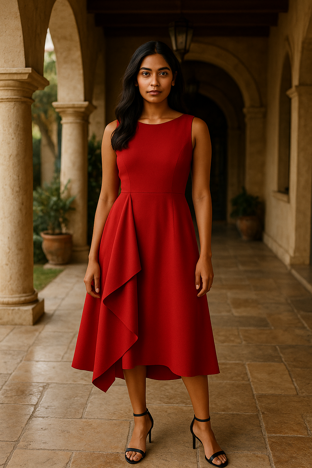 Fit and Flare Dress with Asymmetrical Draped Detail