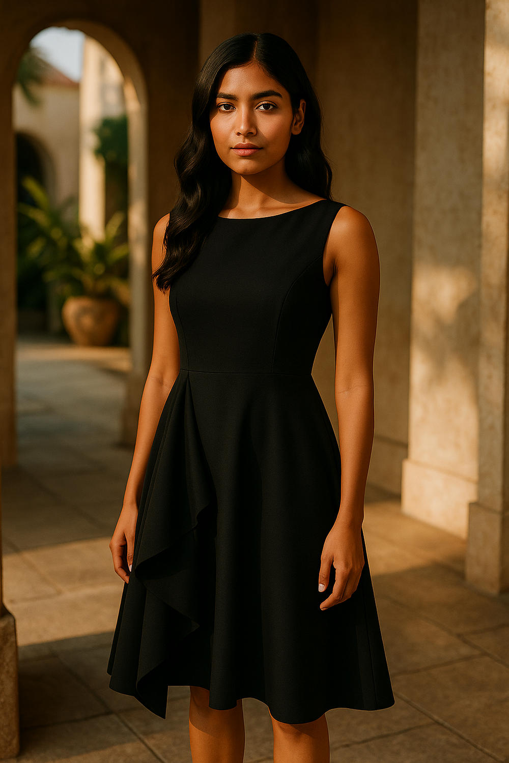 Fit and flare dress with asymmetrical draped detail – Ozel