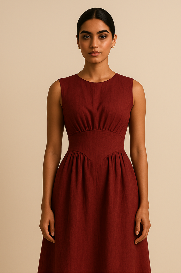 Maroon Khadi Pleated Midi Dress