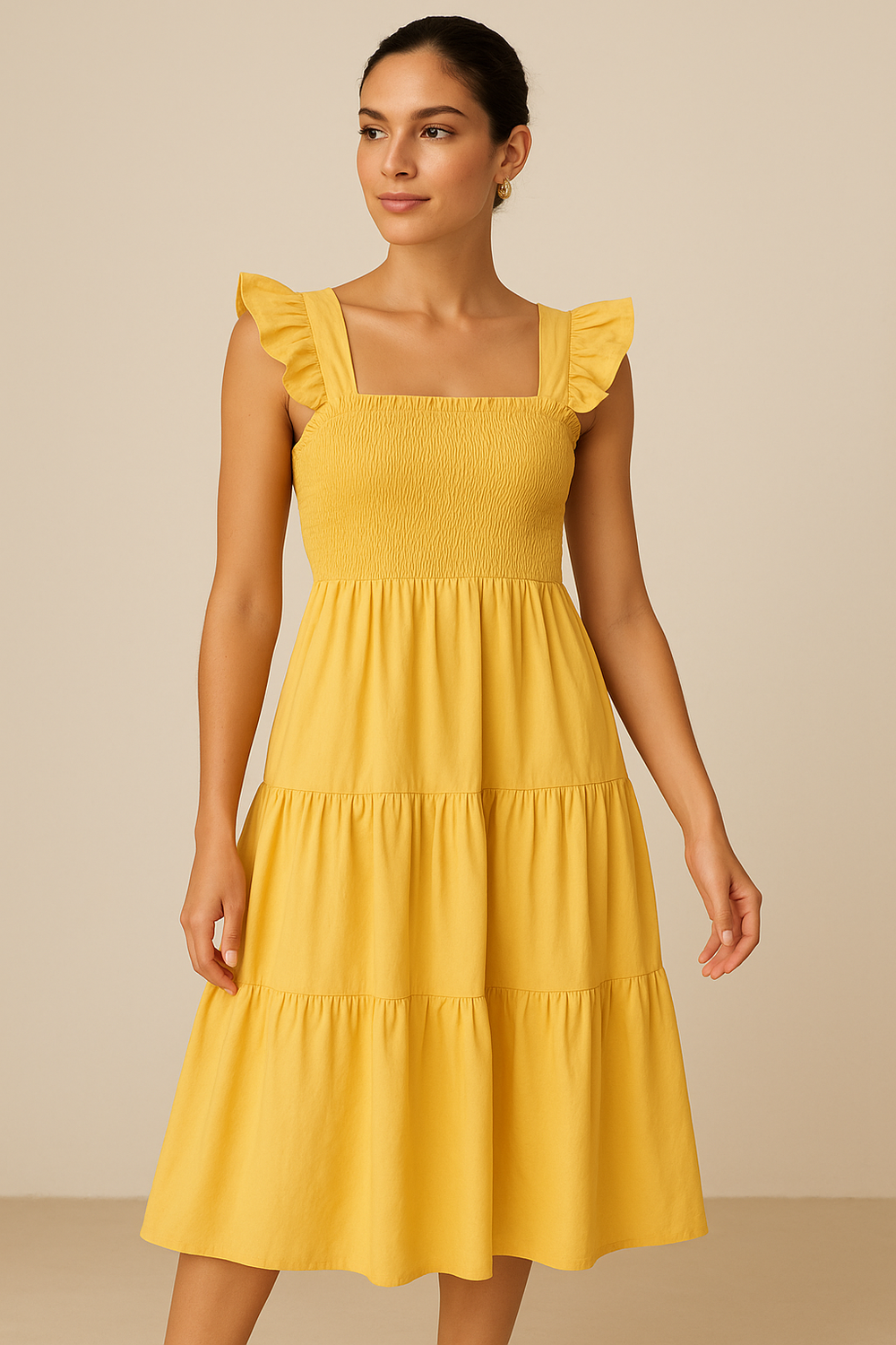 Ruffled poplin smocked midi dress – elegant Indian designer dress by Ozel