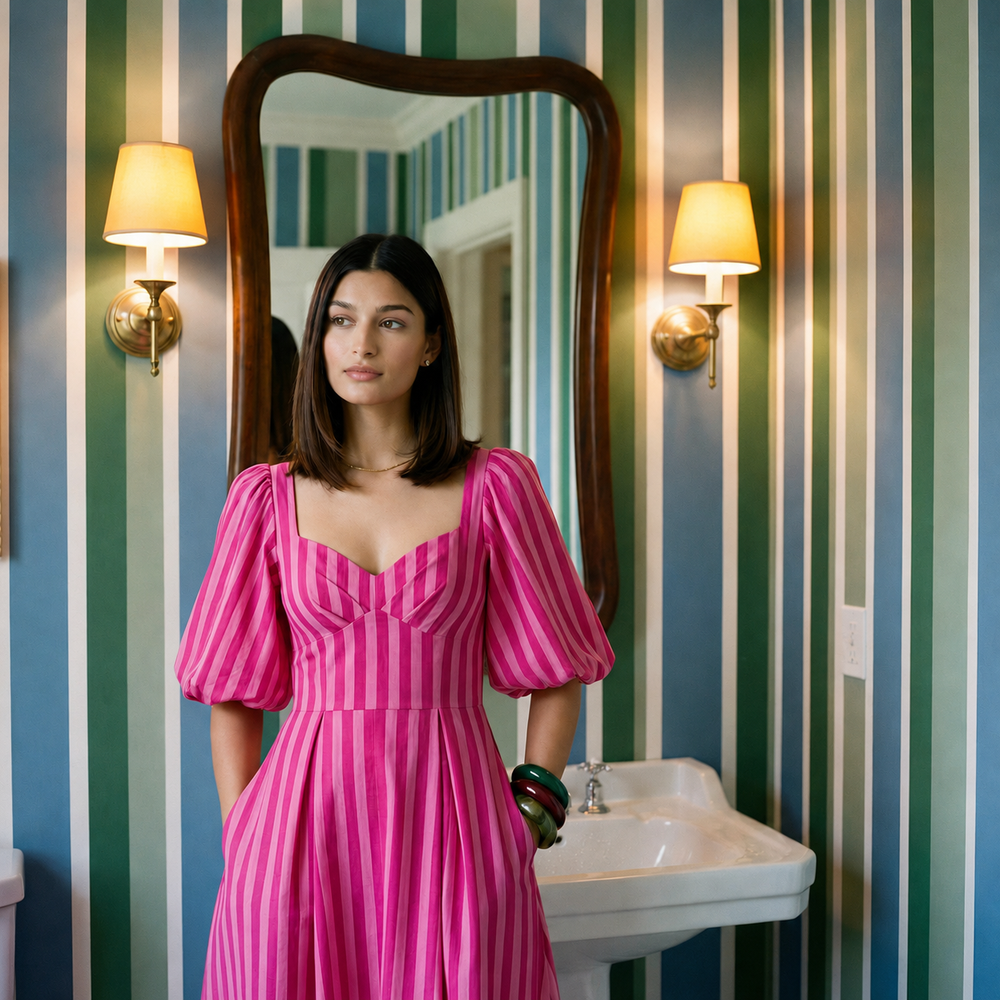 Pink Palazzo Stripe Dress with Sleeves