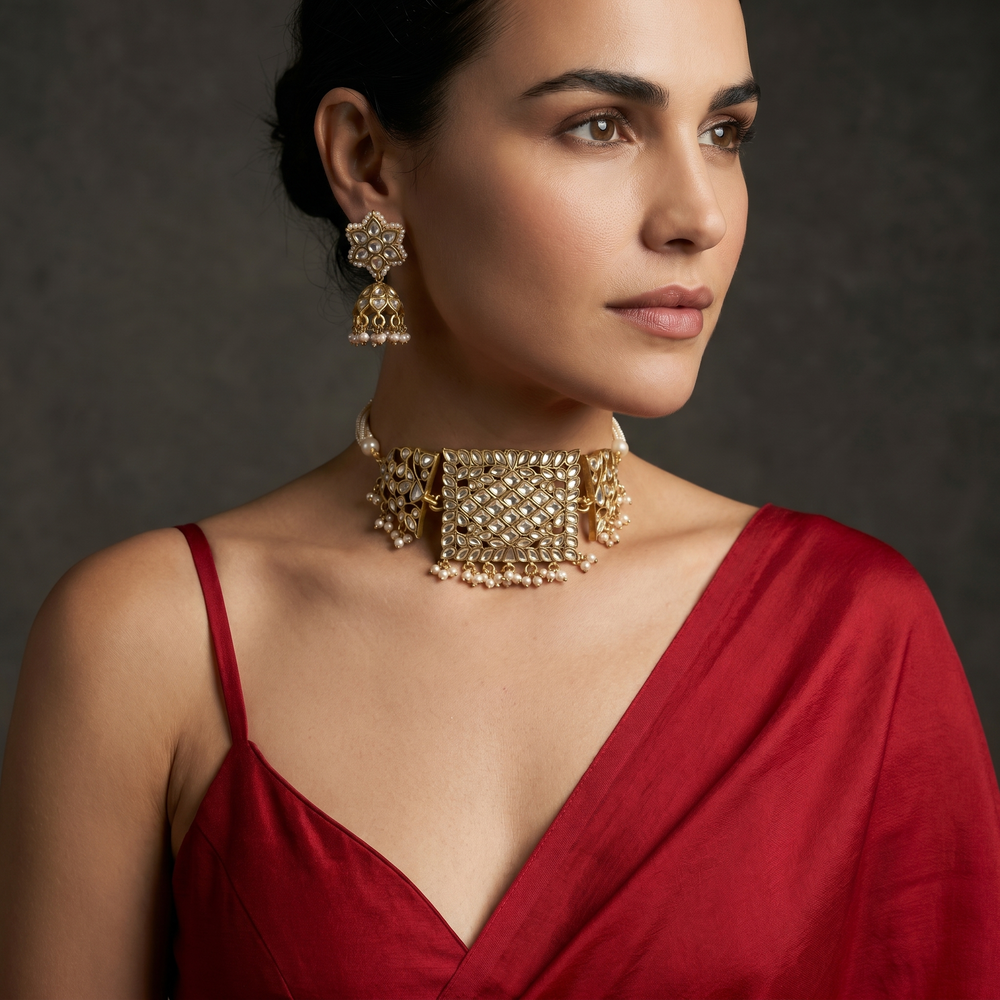 Chitralekha Kundan Pearl Choker Set with Kundan stones, lustrous pearls and Mughal goldwork by Ozel