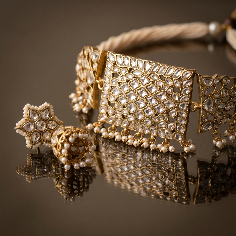 Chitralekha Kundan pearl choker set – detail view by Ozel
