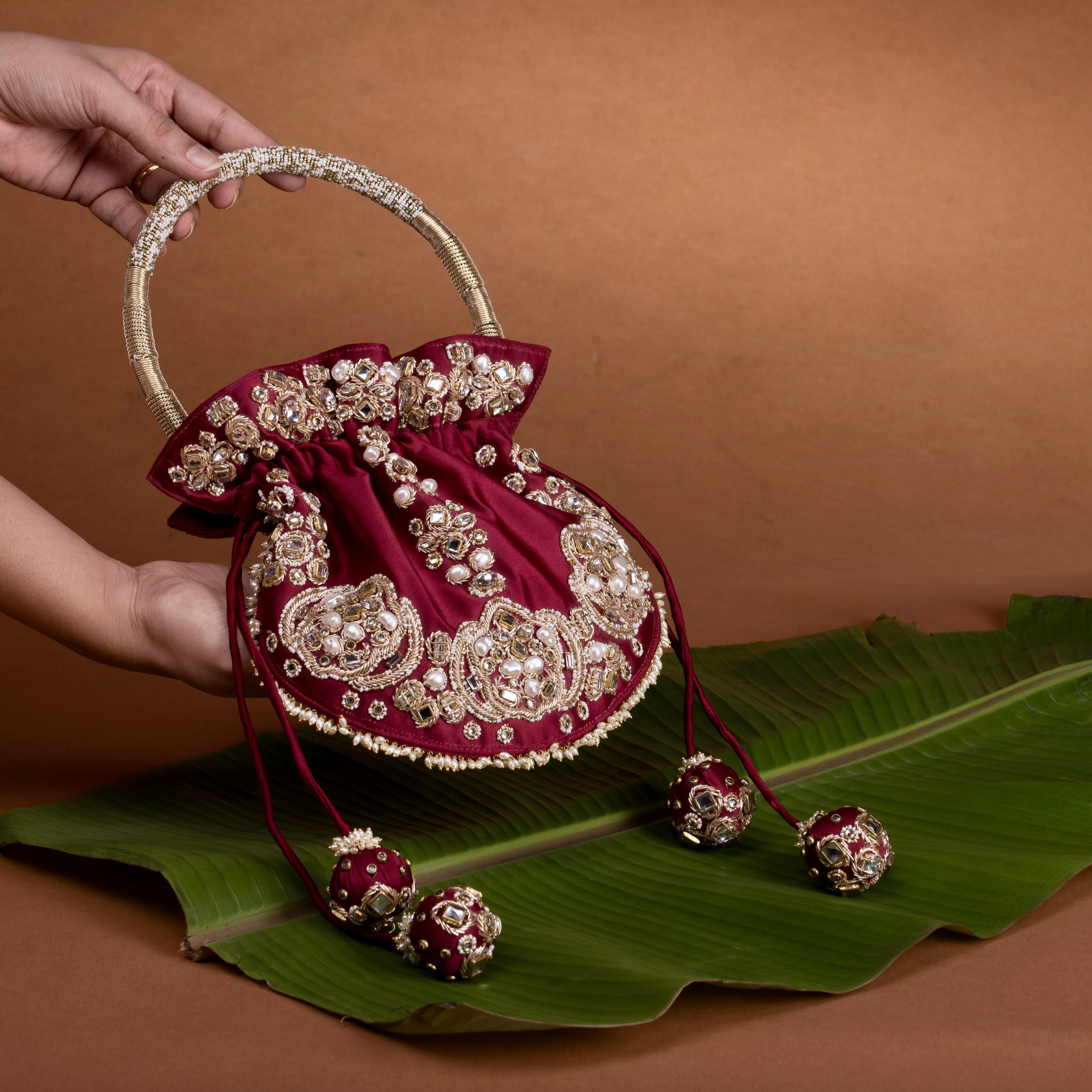 Jadau Embroidered Potli- Maroon Bag
