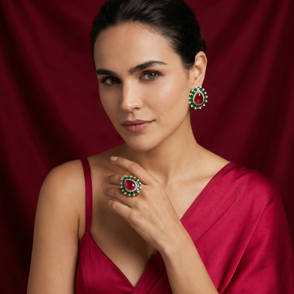 Damini Ruby and Emerald Studs and Ring Set
