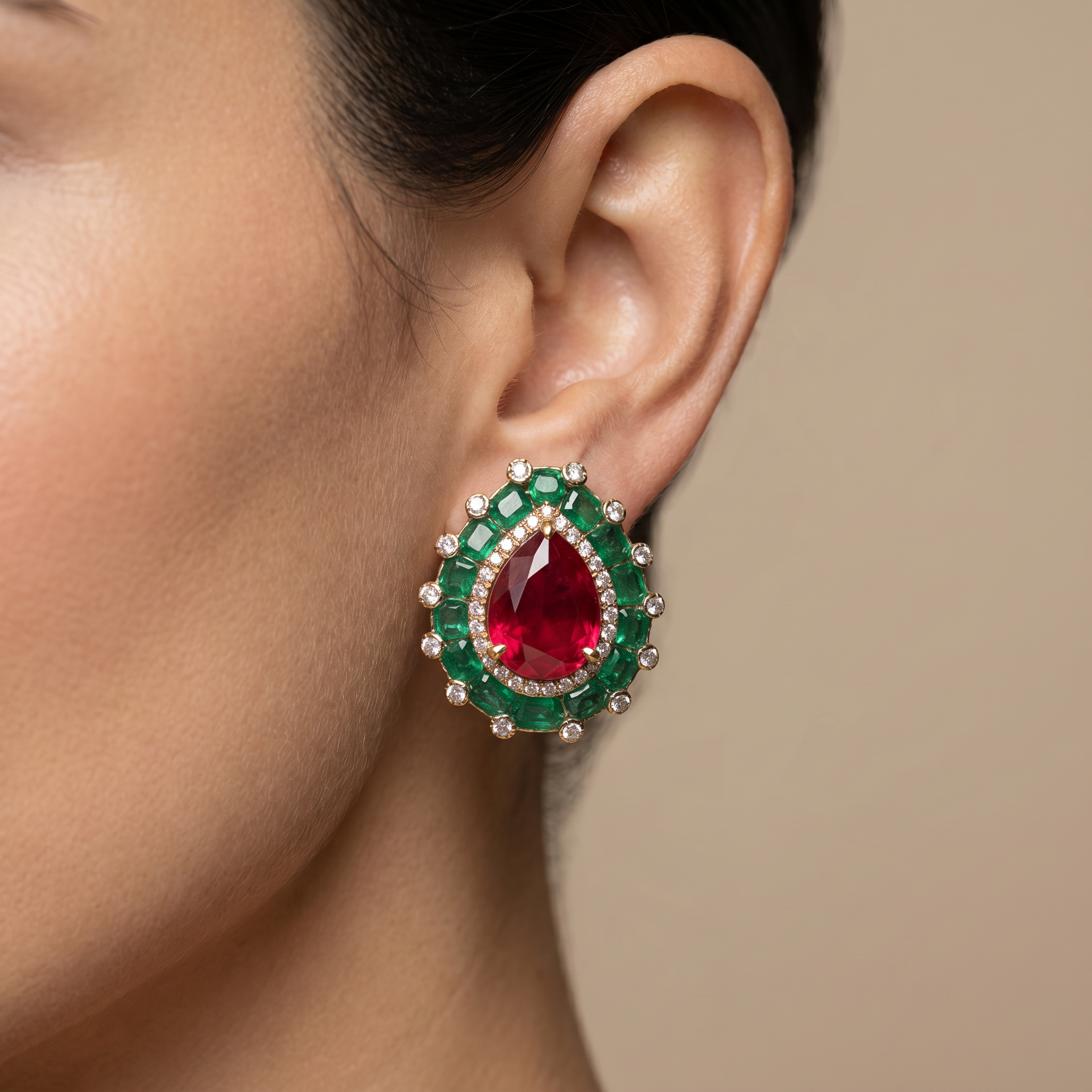 Damini Ruby and Emerald Studs and Ring Set