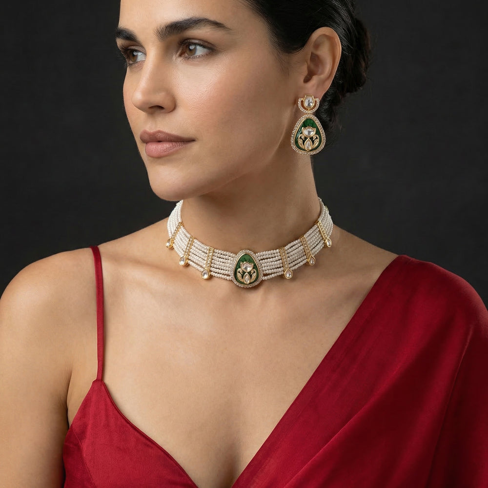 Devaki – pearl polki choker set by Ozel