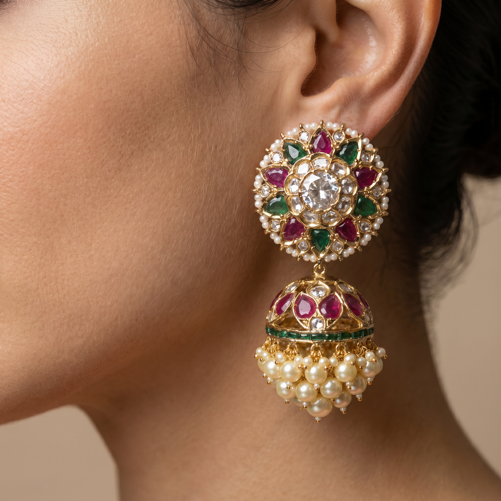 Devyora Royal Bloom Jhumka with floral bloom silhouette and cascading drops in heritage gold by Ozel