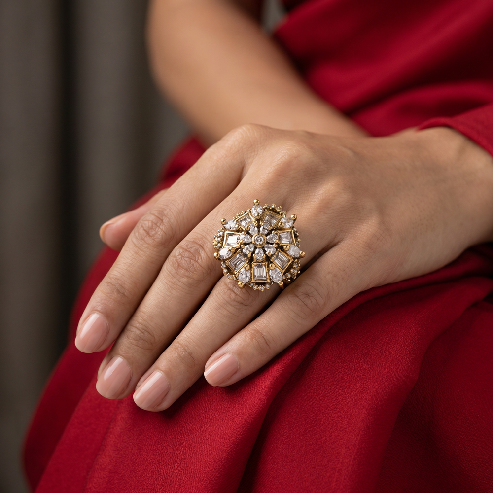 Dharini antique gold champagne stone floral burst statement ring — Ozel