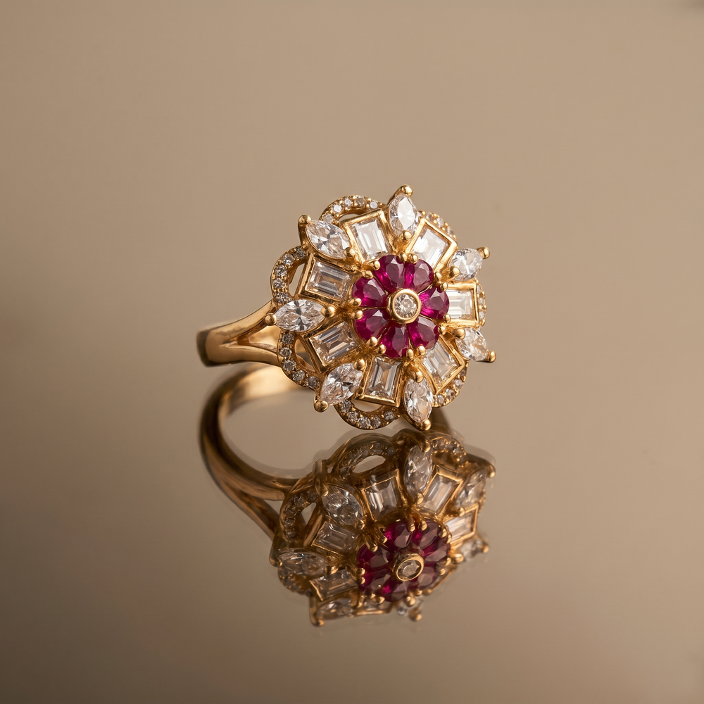 Top view of Dharini champagne stone floral ring — Ozel