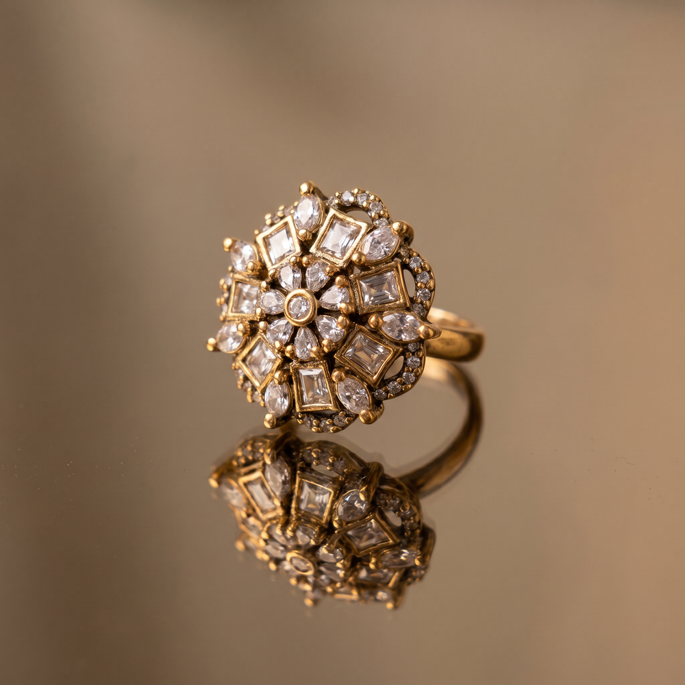 Side detail of Dharini radiant statement ring — Ozel