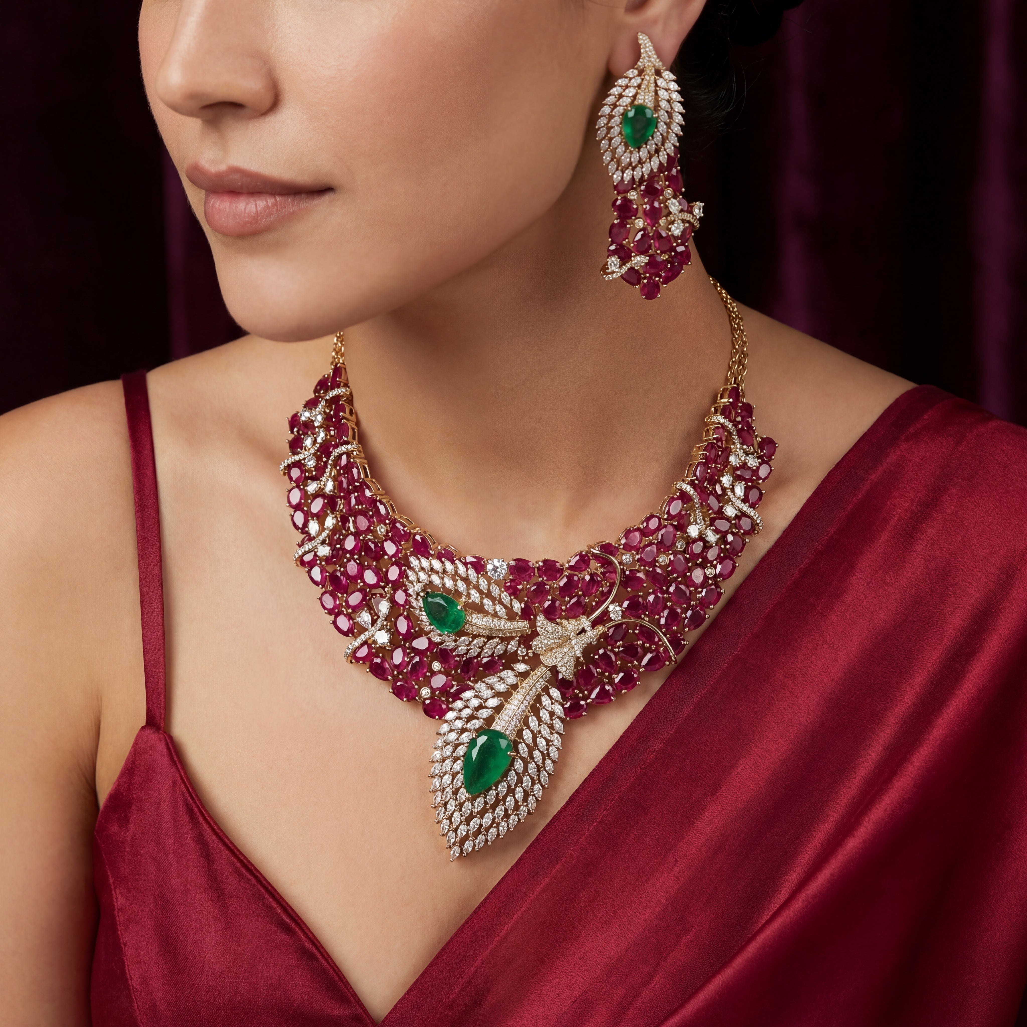 Dual Leaf Ruby Designer Necklace Set