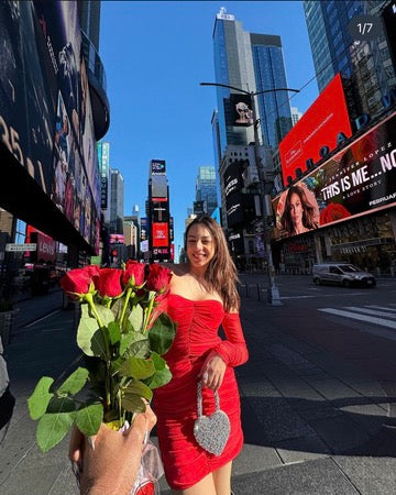 Nitibha Kaul with Rhinestone Mini Heart Bag