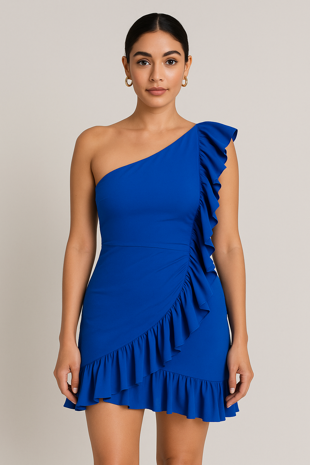 One-shoulder ruffle mini dress in cobalt blue – Ozel