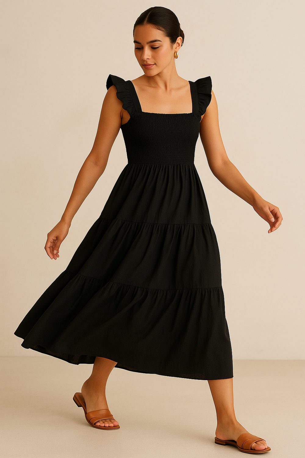 Ruffled poplin smocked midi dress – elegant Indian designer dress by Ozel