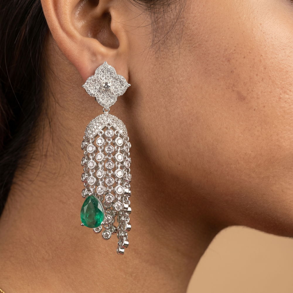 Elyzara crystal cascade earrings with emerald teardrop accent — Ozel