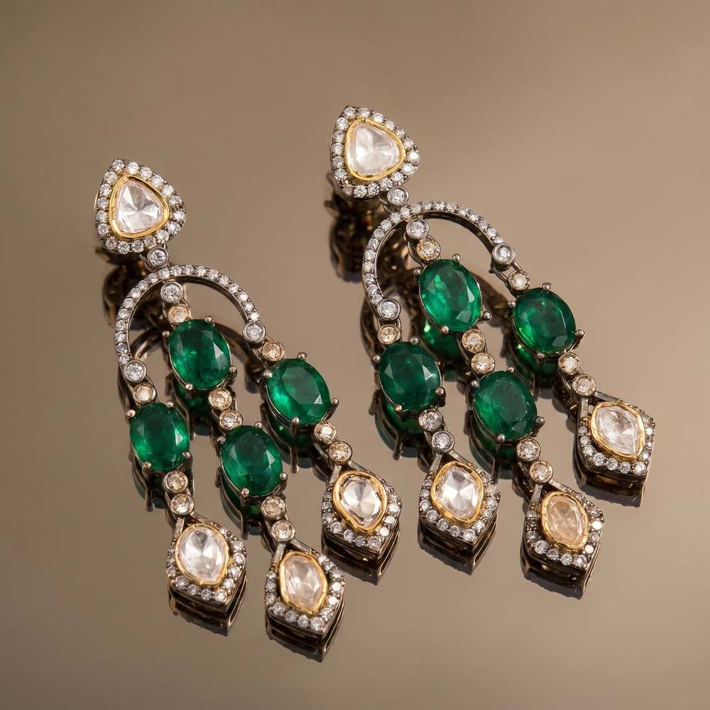Eshmita emerald cascade earrings – detail view by Ozel
